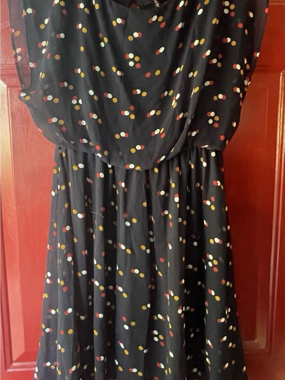 Fun & Flirt Black Mini Dress with Red, Yellow & White Dot Print